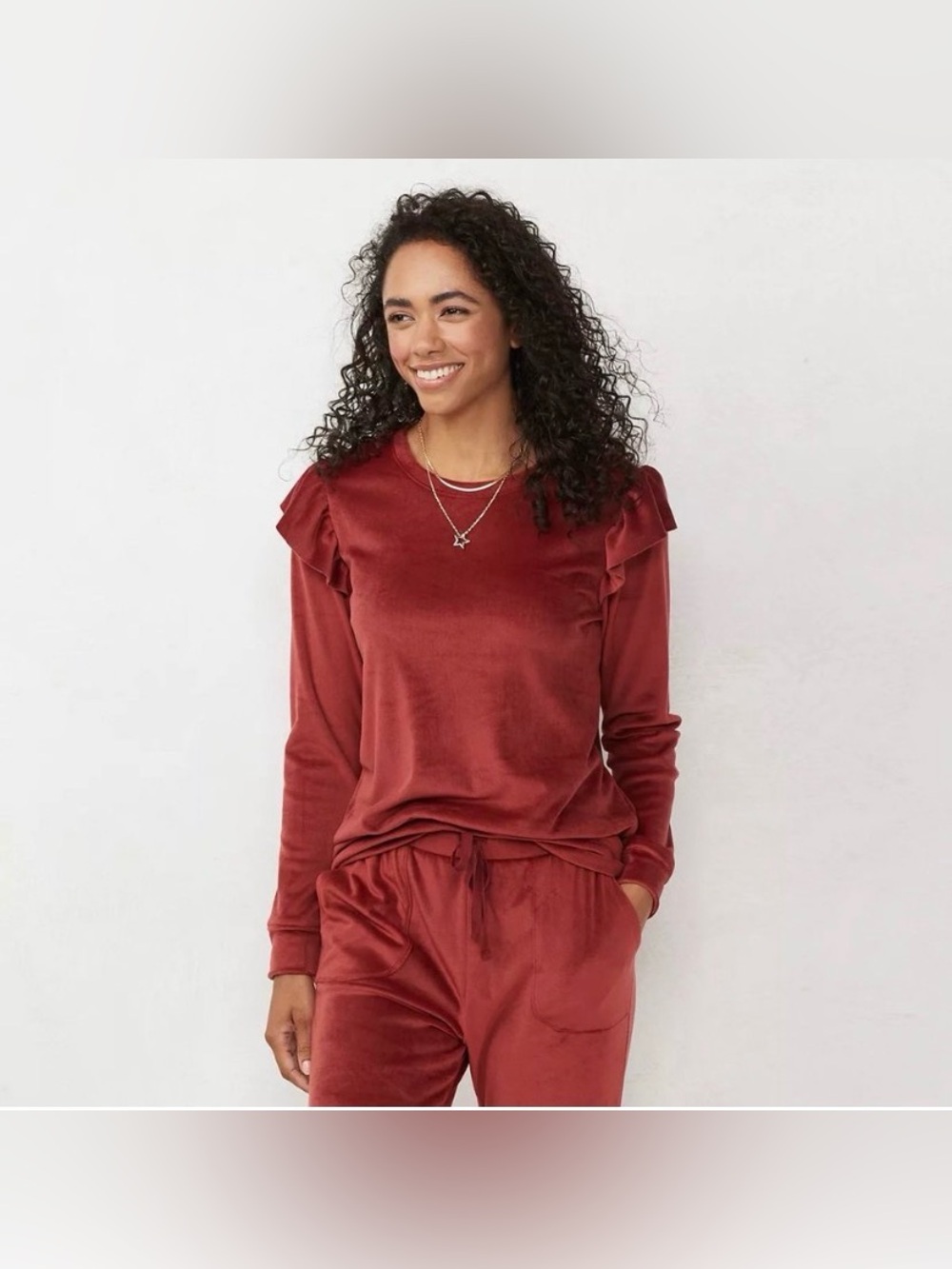 LC Lauren Conrad Cinnamon Rust Ruffle-Shoulder Sweatshirt Women’s Size XS